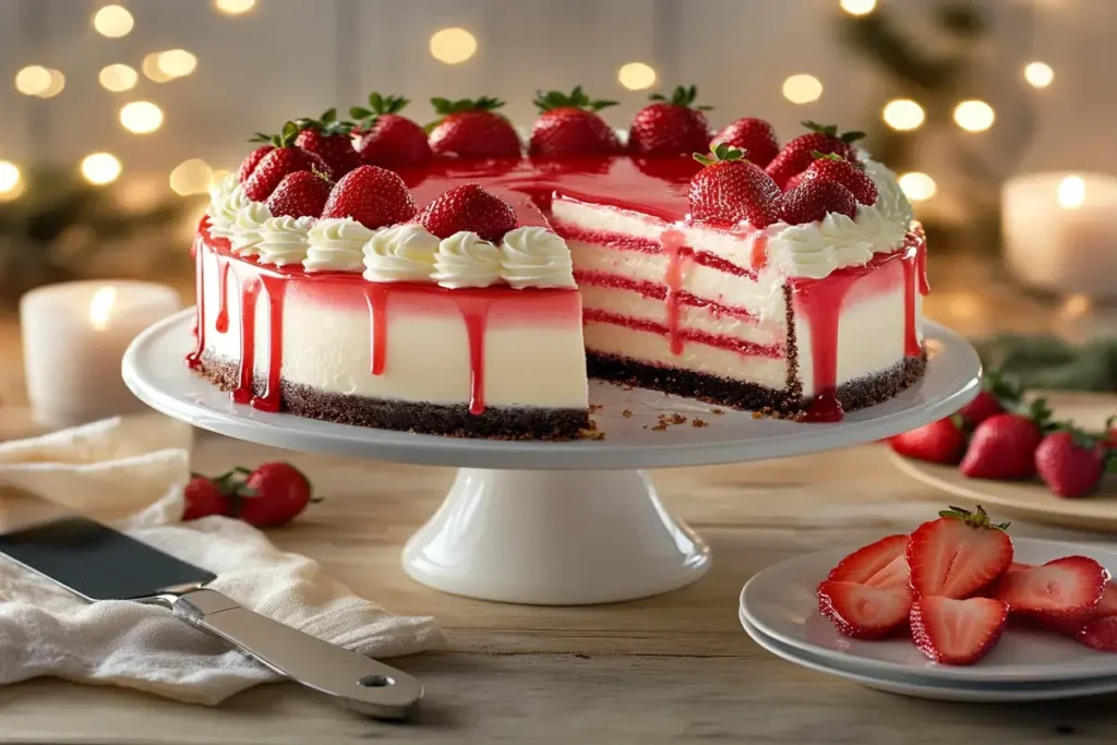 A fully decorated strawberry cheesecake cake on a cake stand.