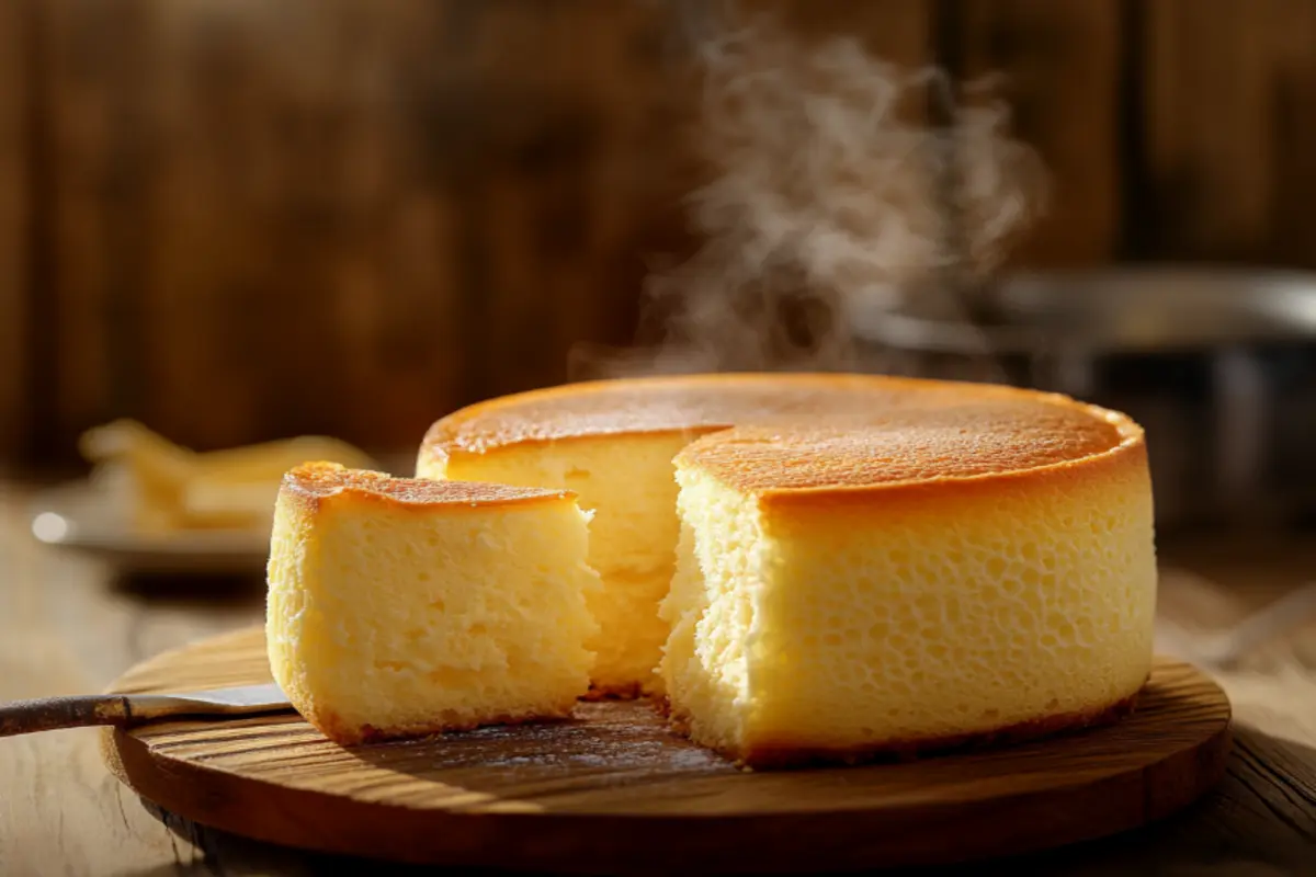 A golden-brown Japanese soufflé cheesecake with a fluffy, jiggly texture on a wooden table.