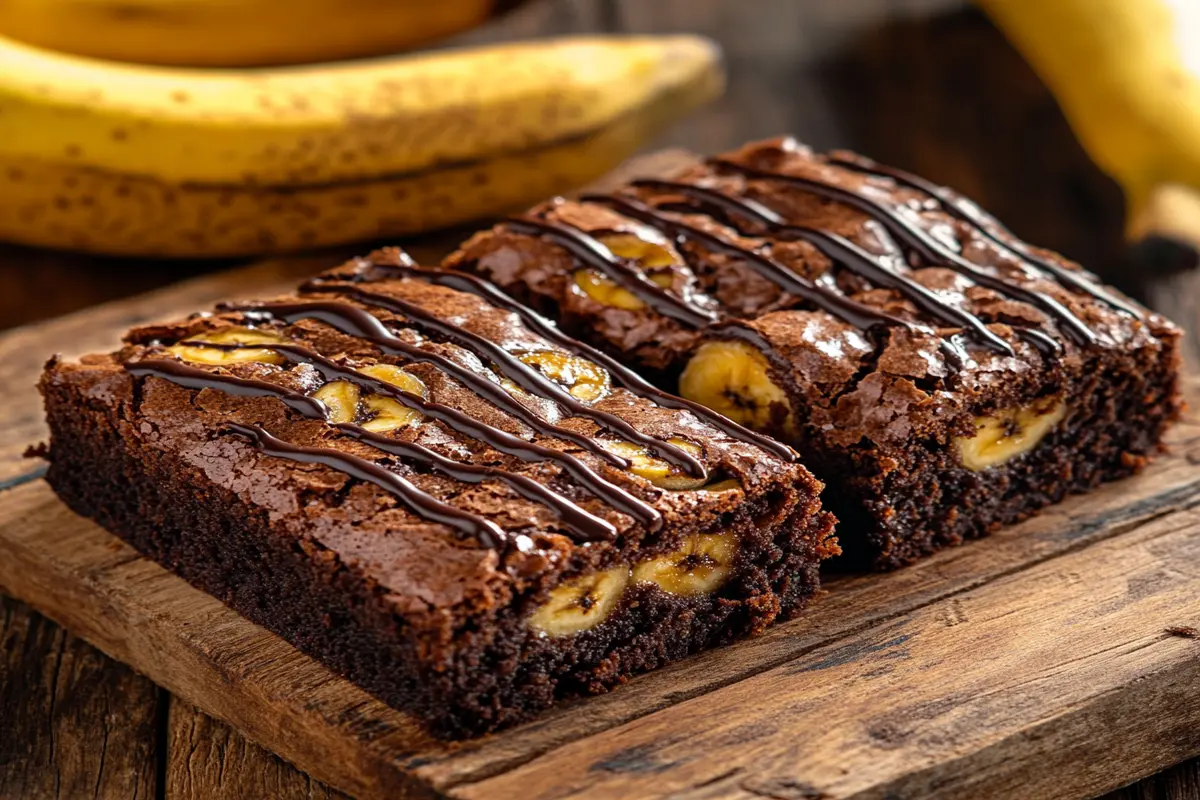 Freshly baked banana brownies with chocolate drizzle