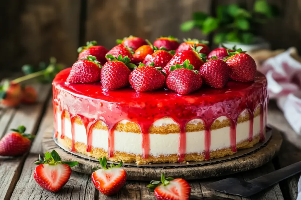 A homemade strawberry cheesecake cake topped with fresh strawberries.