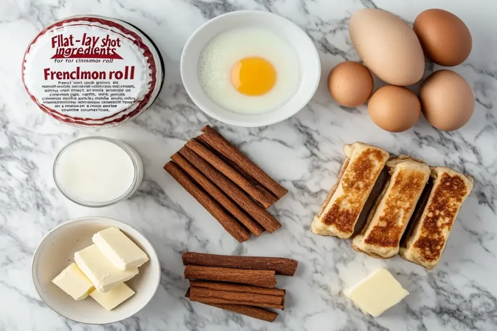 Ingredients for making cinnamon roll French toast laid out on a kitchen counter