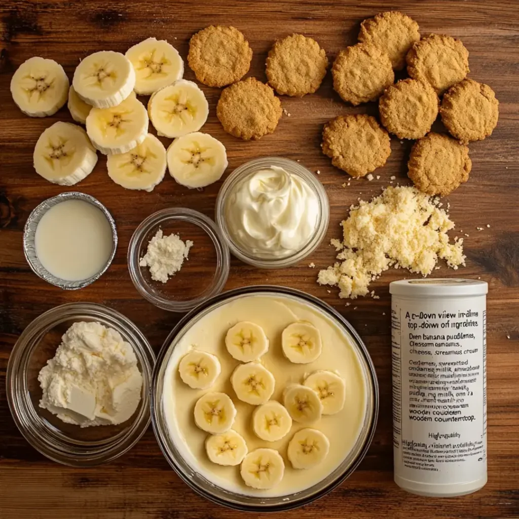 Ingredients for Paula Deen banana pudding recipe laid out on a wooden countertop