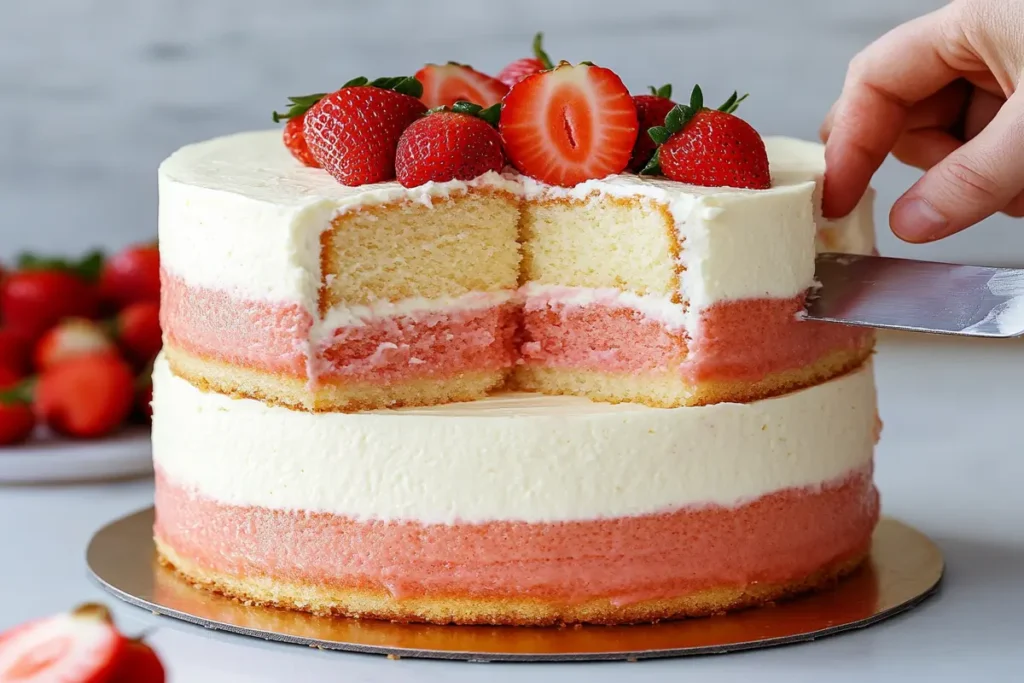 Assembling a strawberry cheesecake cake with layers of cake and cheesecake