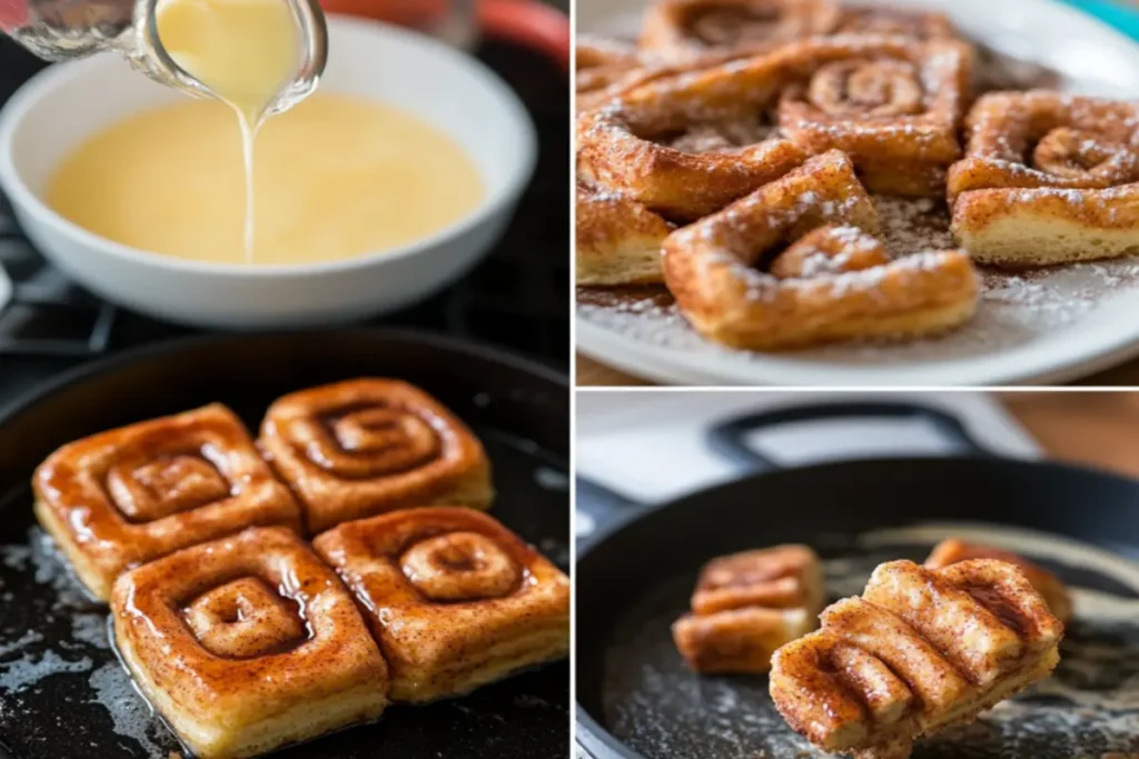 Step-by-step process of making cinnamon roll French toast on a griddle