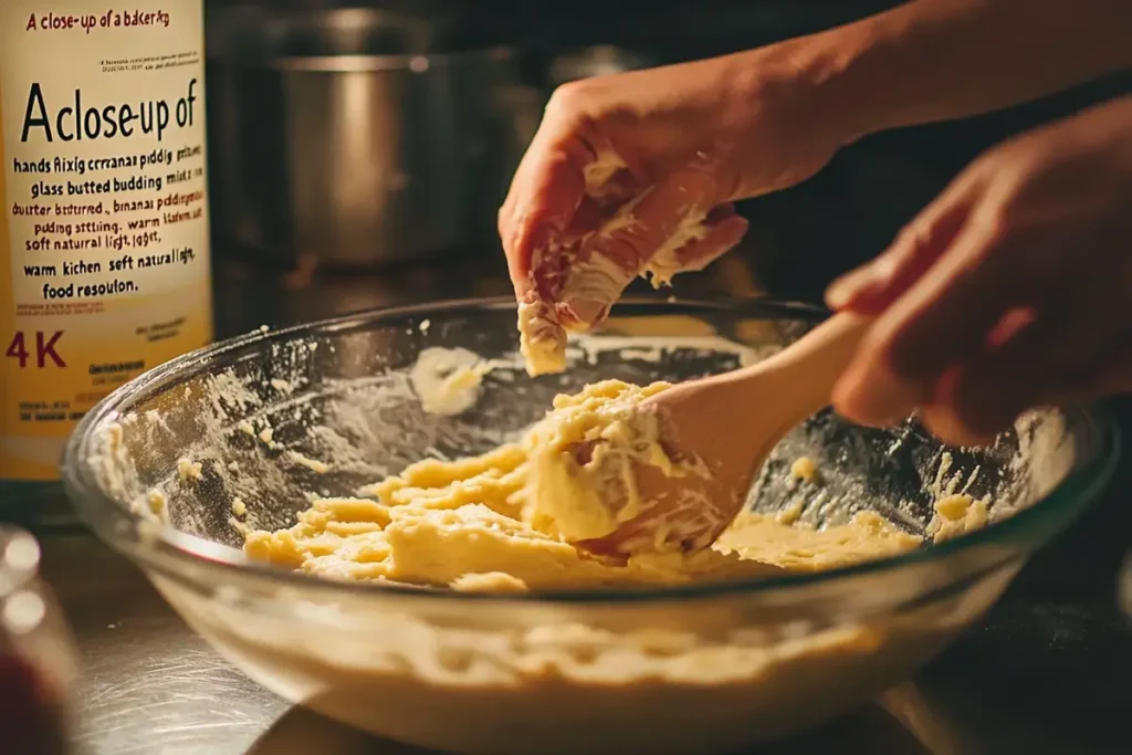 A baker mixing banana pudding cookie dough in a glass bowl.
