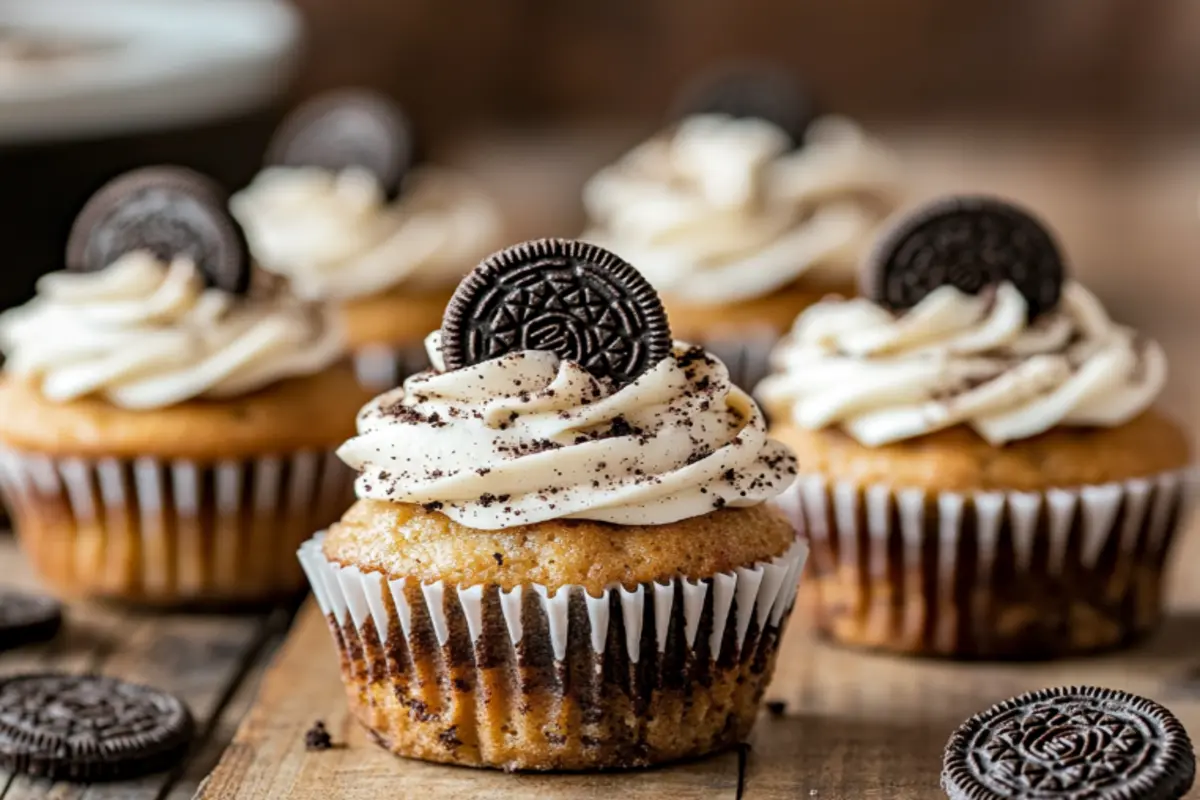 Oreo cupcakes with cookies and cream frosting and chocolate drizzle