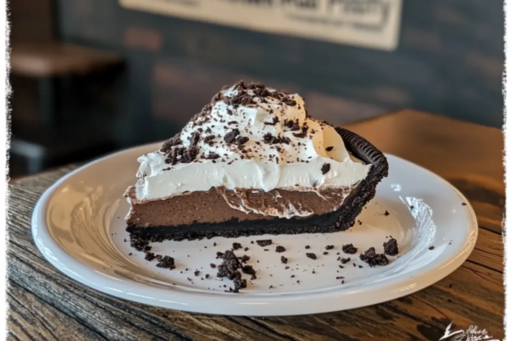 Close-up of a slice of Oreo Mud Pie with chocolate layers and whipped topping