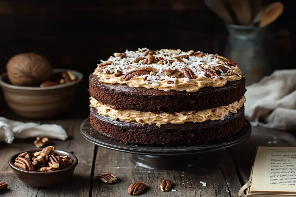 A three-layer original German chocolate cake with coconut-pecan frosting.