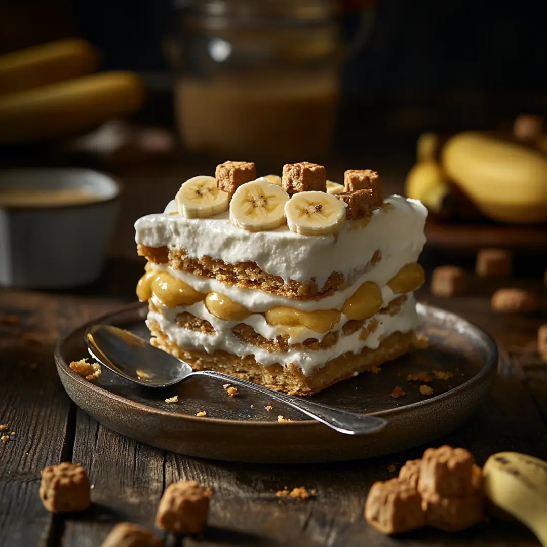 Paula Deen banana pudding served in a baking dish with Chessmen cookies and banana slices