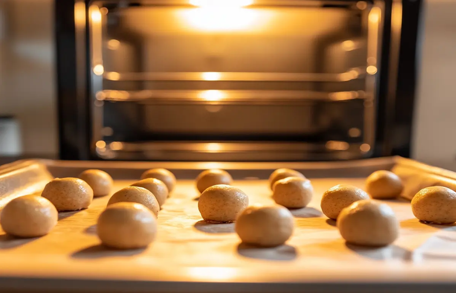 A baking sheet with banana pudding cookie dough balls ready for the oven.