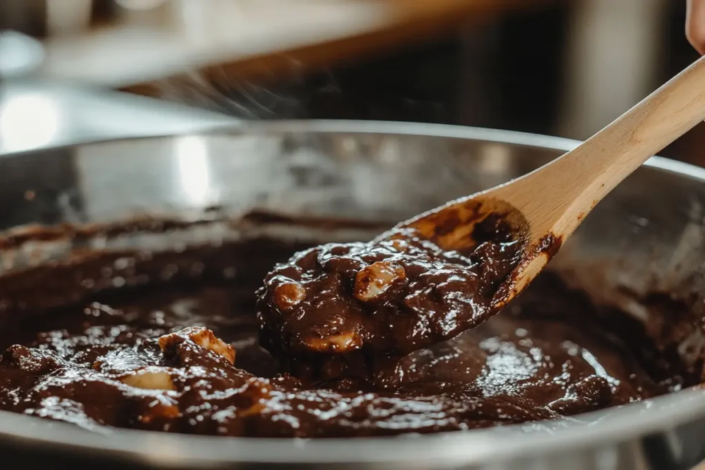 Mixing banana brownie batter in a bowl