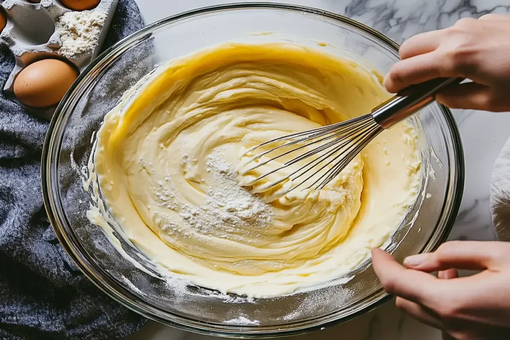 A baker mixing cheesecake batter in a glass bowl for a smooth and creamy consistency.