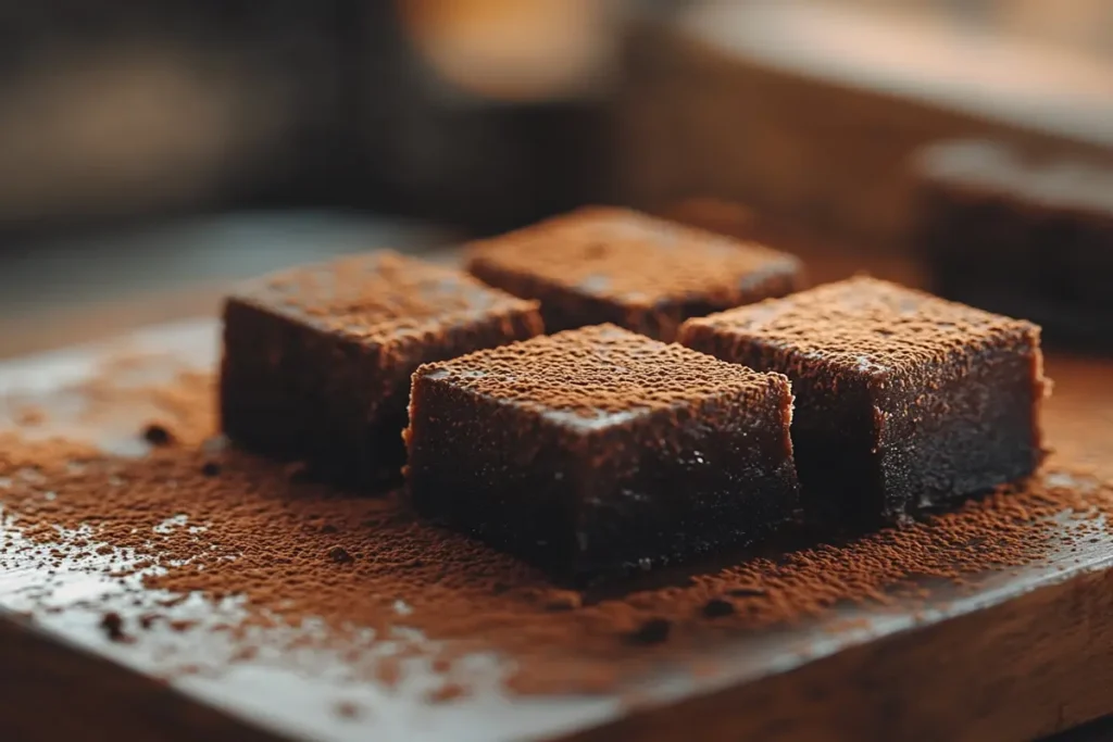 Freshly cut dark chocolate fudge squares on a wooden board