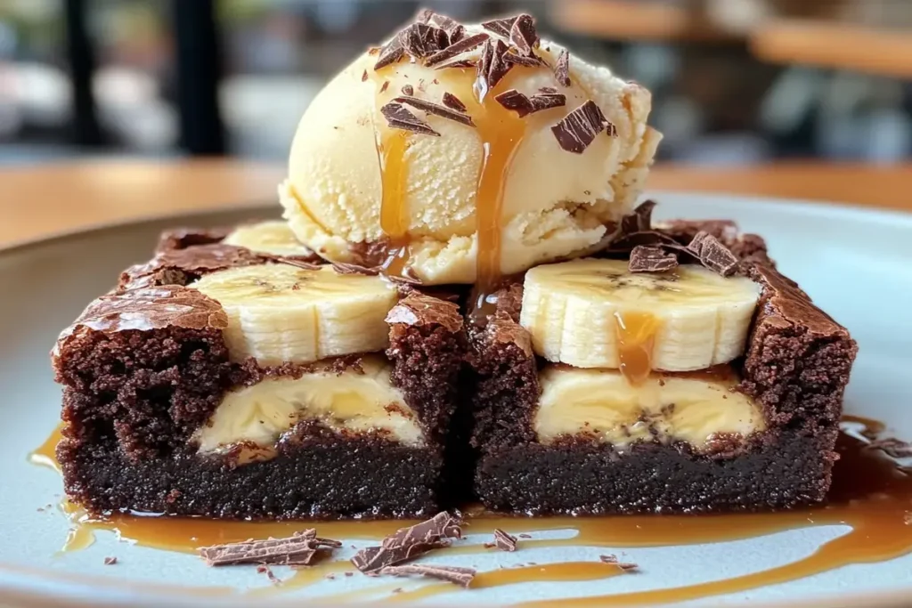 Fudgy banana brownies served with ice cream