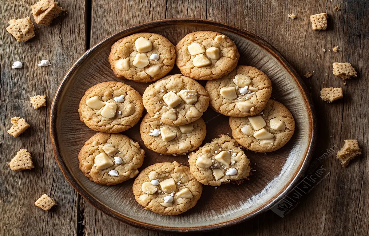 A plate of banana pudding cookies with white chocolate chips and crushed vanilla wafers.