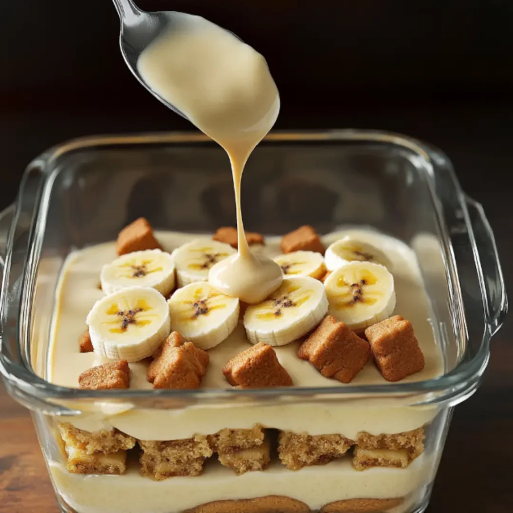 A glass baking dish with half-layered banana pudding, showing cookies, bananas, and pudding being poured