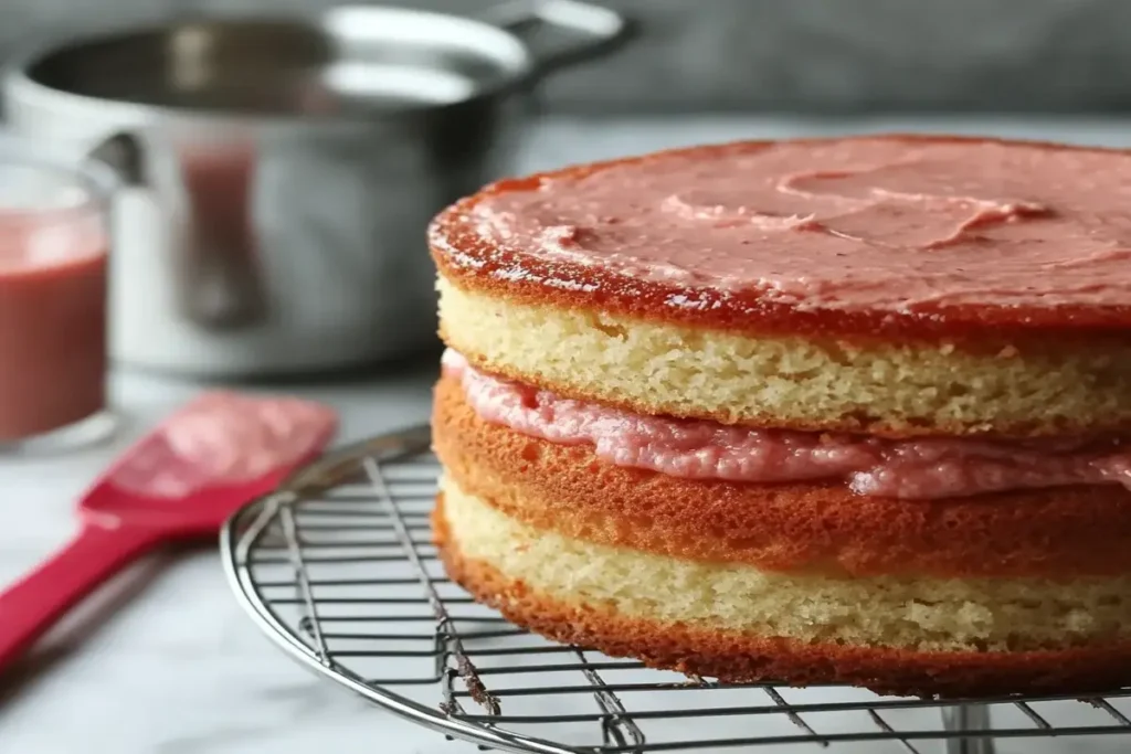 Freshly baked strawberry cake layers cooling on a wire rack