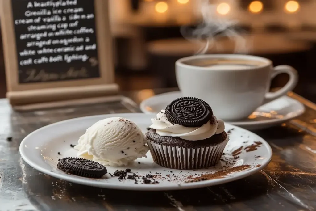 Oreo cupcake served with vanilla ice cream and coffee
