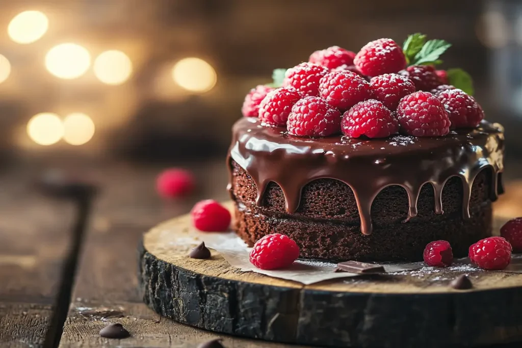 Small Chocolate Cake with Ganache and Raspberries