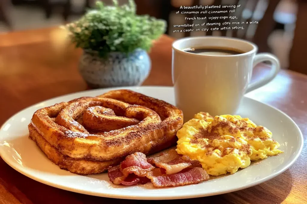 A breakfast plate with cinnamon roll French toast, bacon, eggs, and coffee
